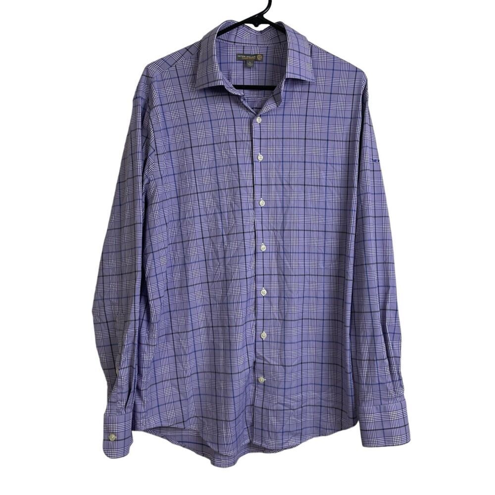 Peter Millar Summer Comfort Long Sleeve Button Up Shirt Purple Plaid Mens Large